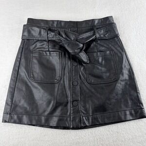 tgla Black Vegan Leather Button Front Tie Waist Mini Skirt‎ Size Small